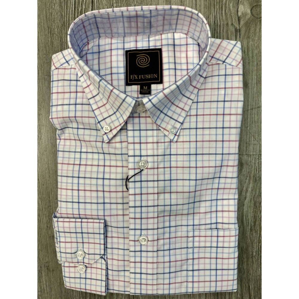 NEW F/X FUSION men's long sleeve check shirt in white/blue/pink